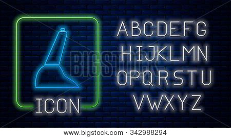 Glowing Neon Car Handbrake Icon Isolated On Brick Wall Background. Parking Brake Lever. Neon Light A