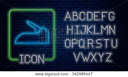 Glowing Neon Car Handbrake Icon Isolated On Brick Wall Background. Parking Brake Lever. Neon Light A