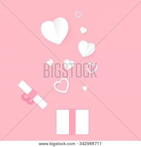 Heart Paper Vector. Gift Box Opened On Valentines Day With A White Paper Heart Floating Out For Surp