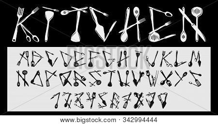 Font From Images Of Tableware Skimmer, Ladle, Small Ladle, Drain Spoon, Slice And Others. Vector Ima