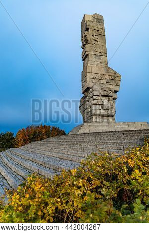 Gdansk, Poland - October 24 2020: Westerplatte Square With Great Stone Monument On Top Of Hill