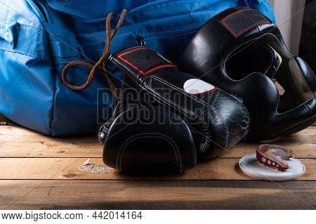 Sports Uniform For Boxing And Kickboxing. Boxing Training Equipment. Boxing Gloves, Helmet And Mouth