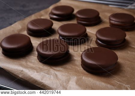 Tasty Choco Pies On Parchment Paper, Closeup View
