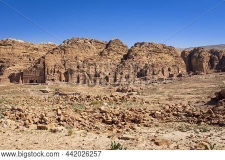 Distand View On The Tombs Of Petra, Jordan. Travel And Tourism.