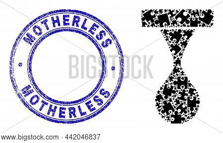 Puzzle Drip Drop Mosaic Icon With Motherless Stamp. Blue Vector Rounded Grunge Seal Stamp With Mothe