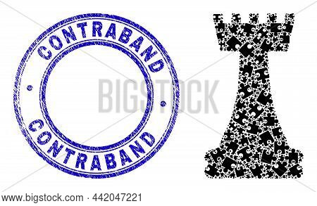 Puzzle Chess Queen Mosaic Pictogram With Contraband Seal Stamp. Blue Vector Round Textured Seal With