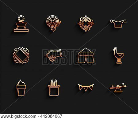 Set Line Ice Cream In Waffle Cone, Magician Hat And Rabbit Ears, Attraction Carousel, Carnival Garla