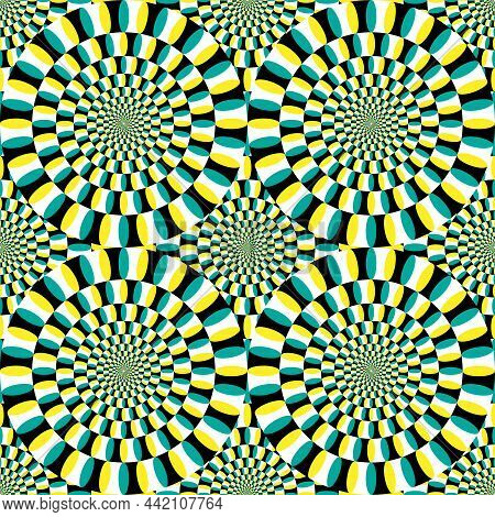 Optical Illusion Vector. Circular Design In Yellow, Green Black And White. Concentric Circles That T