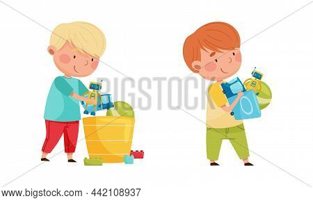 Cute Little Boys Playing Robot And Ball Toys Set Cartoon Vector Illustration