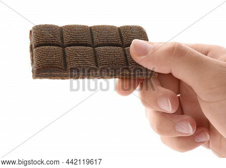 Woman Holding Hematogen Bar On White Background, Closeup