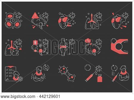Corona Virus Effects Glyph Icon Set.covid Long Term System Health Damage.heart, Lung, Brain Damage, 