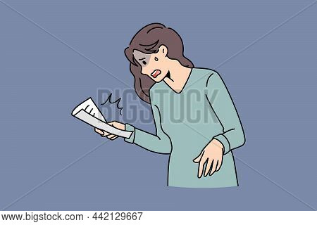 Unhappy Young Woman Hold Paper Distressed With Firing Or Dismissal Notice. Upset Girl Stressed With 