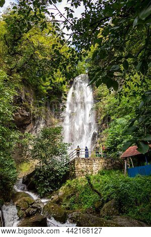 Batumi, Georgia - September, 2021: Makhuntseti Waterfall, One Of The Highest Waterfalls In Ajara. Po