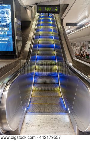 Stockholm, Sweden - November 19, 2018. Escalator Of T-centralen Underground Station Of Stockholm Met