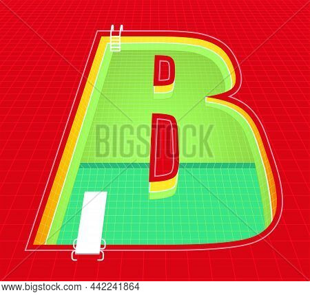 Swimming Pool Alphabet B Character. Red Tone Background. Vector Illustration Eps10