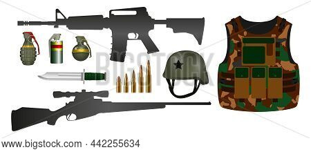 Set Of Realistic Military Equipment Or Army Weapon And Grenade Or Ammunition Combat Gun Concept. Eps