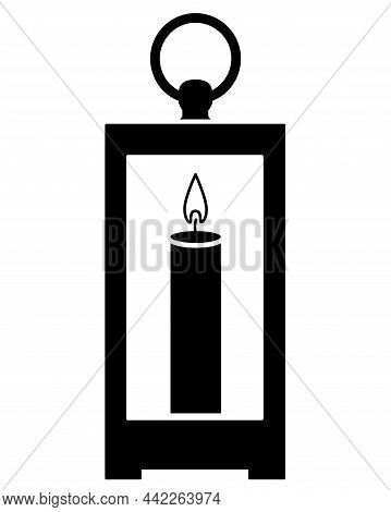 Lantern With A Candle. Vintage Lantern With Candle - Vector Silhouette Illustration. Table Or Hangin
