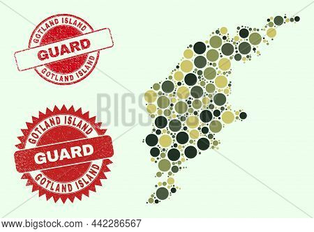 Vector Round Parts Collage Gotland Island Map In Camouflage Hues, And Scratched Stamp Imitations For