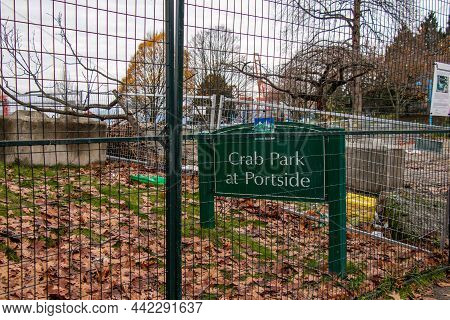Vancouver, Canada - July 4,2020: View Of Sign Crab Park At Portside Full Of Tents And Homeless Peopl