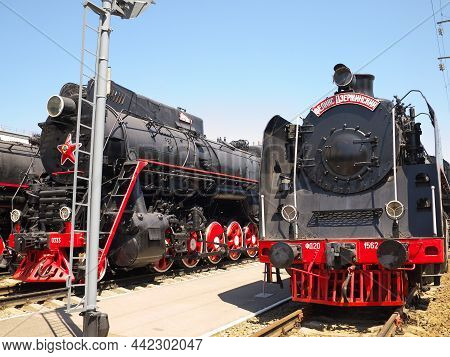 Rostov-on-don, Russia - July 13, 2021. Old Soviet Steam Locomotives Of The Lv Series (l Voroshilovgr