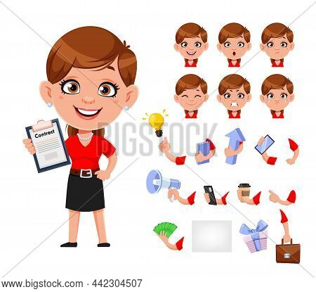 Cartoon Business Woman, Pack Of Body Parts, Emotions And Things. Businesswoman Cartoon Character. St