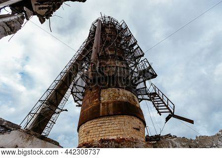 Old Rusty Abandoned Rectification Column, Bottom View
