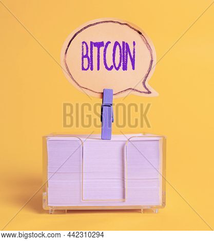 Text Sign Showing Bitcoin. Internet Concept Cryptocurrency Blockchain Digital Currency Tradeable Tok