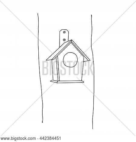 Black Hand Drawn Outline Vector Illustration Of A Birdhouse For Birds From New Boards Is Hanging On 
