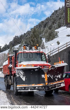 Canillo, Andorra: 2021 December 8: Snowplow Truck In The Town Of Bordes D En Valira In Canillo, Ando
