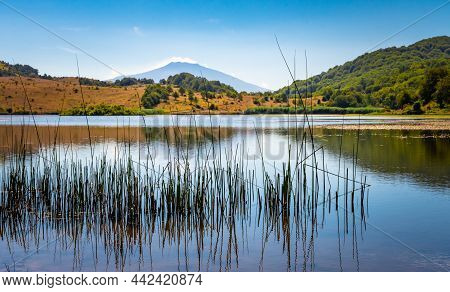 View Of Biviere Lake With Etna Volcano, Nebrodi National Park, Sicily, Italy