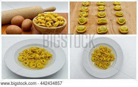 Photos Collage Step By Step Instructions For Making Traditional Italian Tortellini In Brodo. Collage