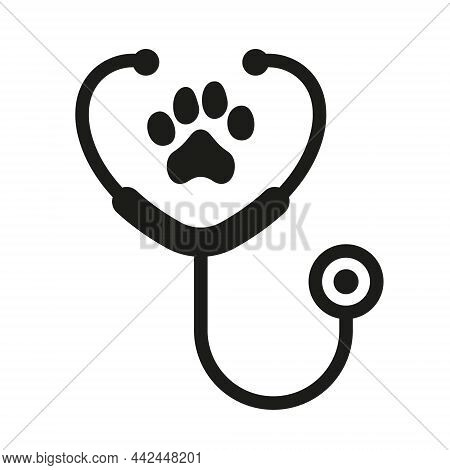 Stethoscope And Animal Footprint Veterinary Concept Silhouette Icon. Veterinarian Medicine Equipment