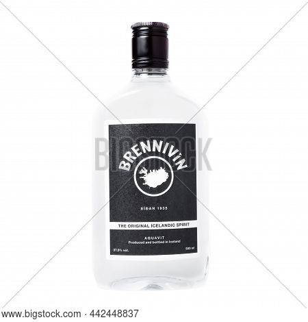Bottle Of Brennivin Isolated On A White Background. Traditional Icelandic Liquor. Russia, Krasnodar,
