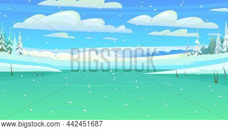 Snow Is Falling Quietly. Frozen And Ice Covered Pond. Winter Rural Landscape With Cold White Snow An