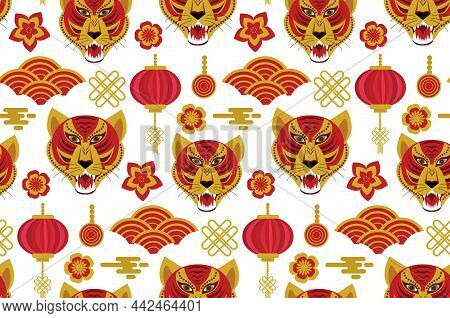 Seamless Pattern With Chinese New Year 2022 Zodiac Year Of The Tiger Sign With Asian Elements