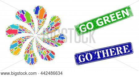 Right Direction Icon Colorful Rotation Cluster Petals Salute Composition, And Grunge Go Green Stamp 
