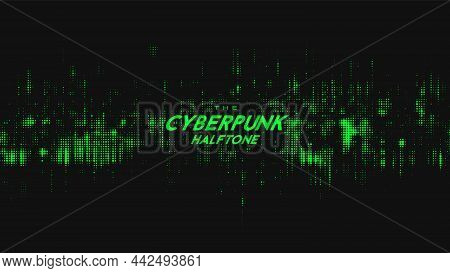 Abstract Vector Green Cyberpunk Halftone Sound Wave. Scrathed Dotted Texture Element.