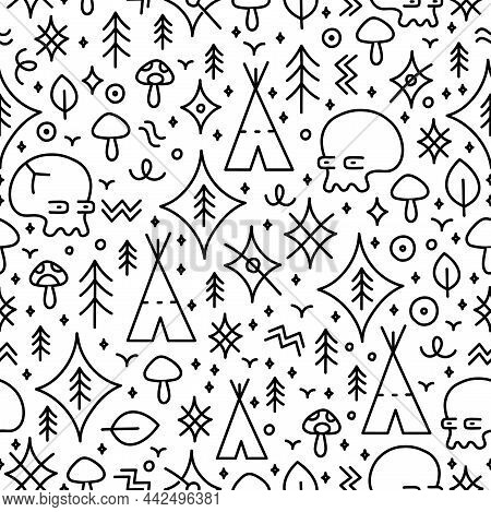 Ethnic Ancient Shamanic Tribal Style Fashion Seamless Pattern. Vector Hand Drawn Doodle Cartoon Line
