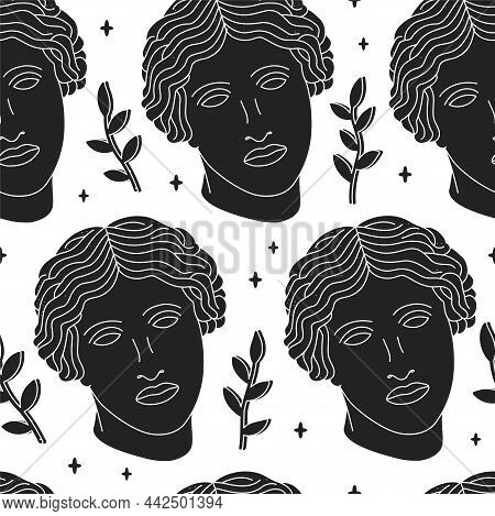 Ancient Greek Venus Head Monochrome Seamless Pattern. Vector Black And White Hand Drawn Doodle Line 
