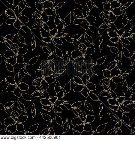 Gold Texture One Line Art Seamless Pattern. Cherry Blossom Flowers And Leaves.