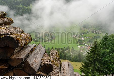 Panoramic View On Mountain Villages, Green Forests And Apline Meadows Near Saint-gervais-les-bains,