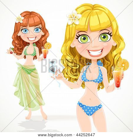 สาวน่ารักในชุดว่ายน้ำและค็อกเทล
