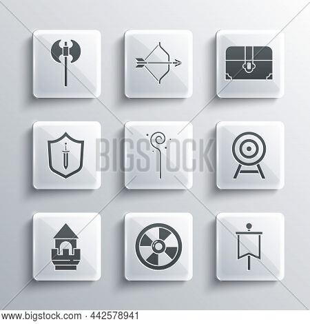 Set Round Wooden Shield, Medieval Flag, Target With Arrow, Magic Staff, Castle Tower, Sword, Axe And