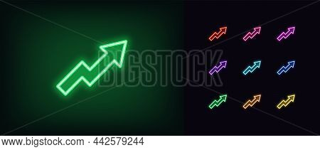 Outline Neon Arrow Growth Icon. Glowing Neon Upward Chart Sign, Rise Arrow Pictogram In Vivid Colors