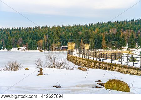 Dam On Cerna Nisa In Winter Time. Jizera Mountains, Czech Republic