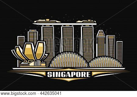 Vector Illustration Of Singapore, Dark Horizontal Poster With Linear Design Singapore City Scape On 