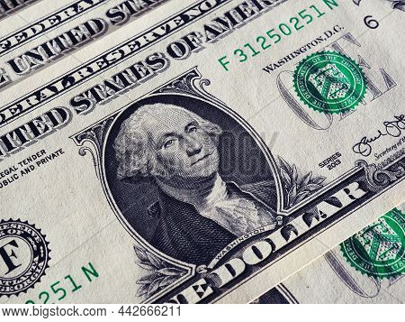 American Money Close-up. 1 Us Dollar Bills With Textured Paper Surface. Economy And Business Of The 