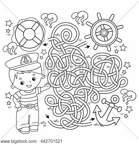 Maze Or Labyrinth Game. Puzzle. Tangled Road. Coloring Page Outline Of Cartoon Sailor With Anchor, S