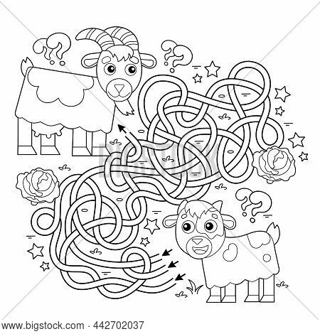 Maze Or Labyrinth Game. Puzzle. Tangled Road. Coloring Page Outline Of Cartoon Goat With Goatling Or