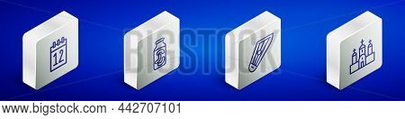 Set Isometric Line Calendar 12 June, Pickled Cucumbers In Jar, Kankles And Church Building Icon. Vec